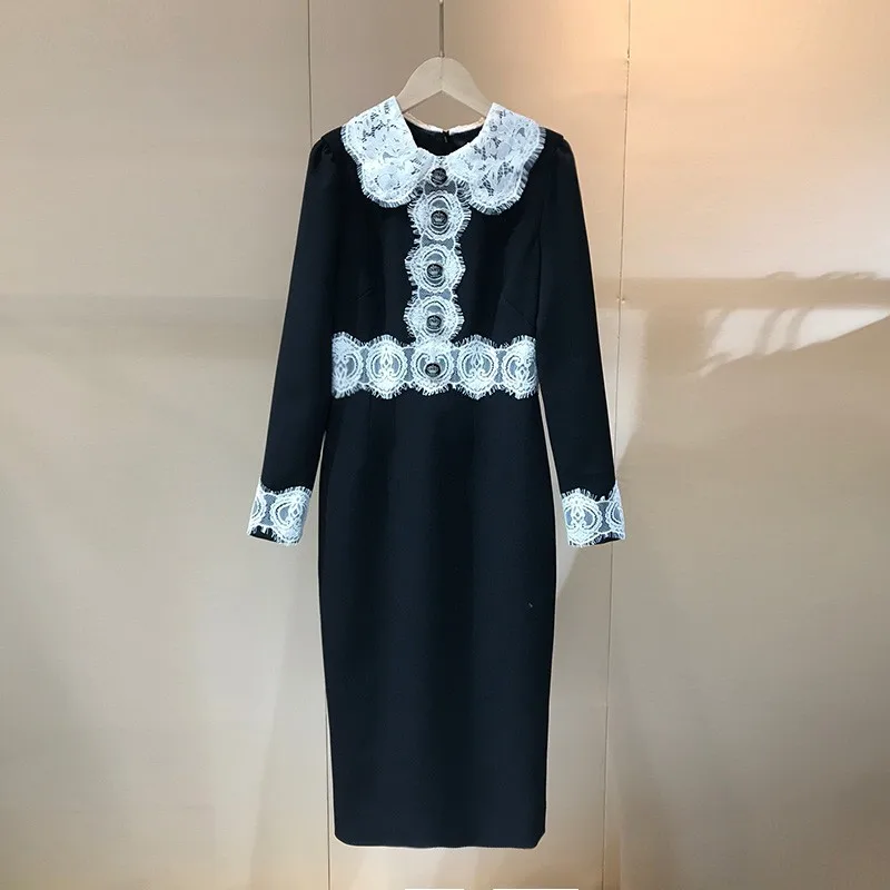 

Womens Top Quality Vintage Dresses 2020 Autumn White Lace Patchwork Long Sleeve Bodycone Women Clothes