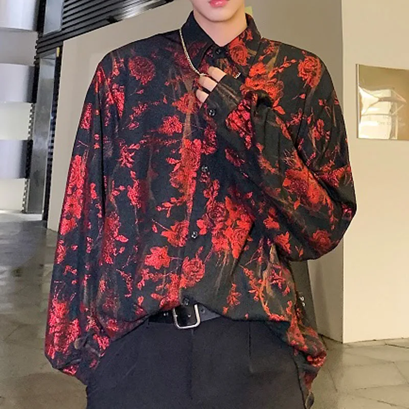 Рубашка мужская с длинным рукавом свободная винтажная повседневная цветочным