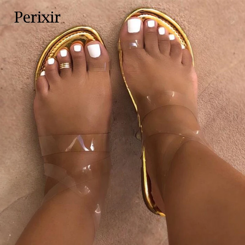 

Perixir 2021 summer new set toe transparent strappy sandals Rome large size flat sandals pvc