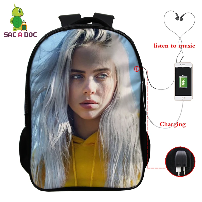 Золотой Billie Eilish рюкзак, школьные сумки, 16 дюймов, Детские рюкзаки, детский рюкзак для девочек, рюкзак для путешествий, рюкзак с USB зарядкой - Цвет: Золотой