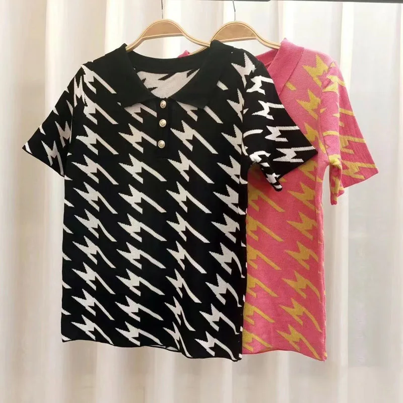 

Korean Ulzzang Harajuku BF Polo Shirt Lapel Chic Houndstooth Pullover Short Sleeve T-Shirt Women Summer Loose Fashion Tee