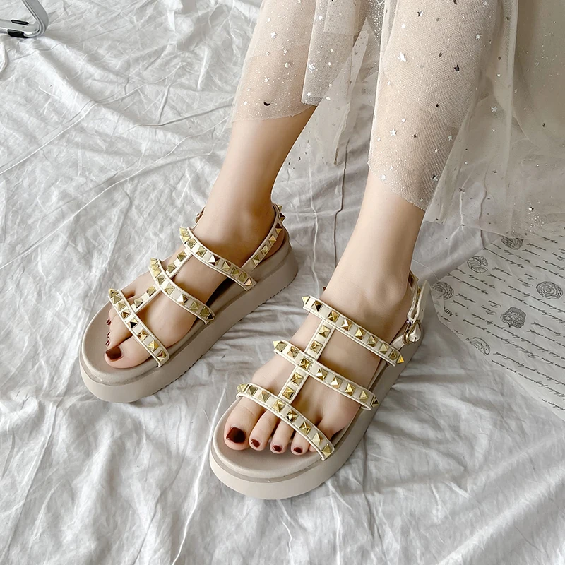

Roman Sandals Flat Summer Shoes Woman Suit Female Beige Clogs With Heel Med Gladiator Without 2021 Fashion Black Comfort New Gir