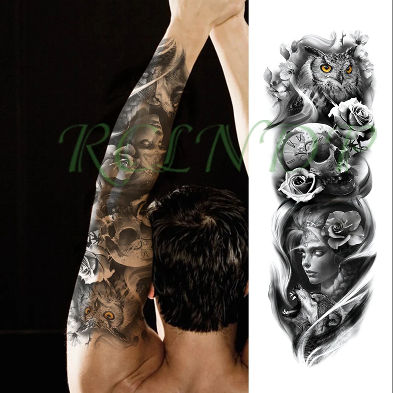 Водонепроницаемая Временная тату наклейка Сова цветы череп часы девушка рев