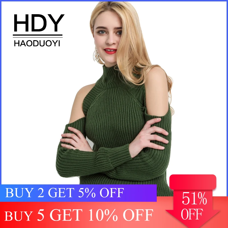 HDY Haoduoyi Для женщин высокое Средства ухода за кожей Шеи открытыми плечами Свитер с длинными рукавами Осенние Теплые Пуловеры трикотажные Топы Джемперы Модные свитеры