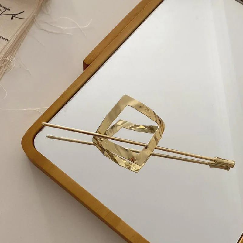 

2021 Gold Silver Color Metal Geometric Round Square Hollow Removable Top Clip Hair Sticks Headwear Accessories for Women