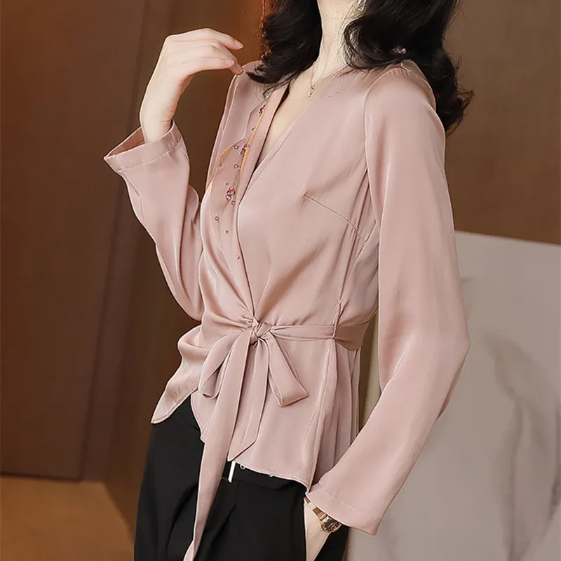 Тяжелая шелковая женская рубашка с длинным рукавом Женская атласная розовая