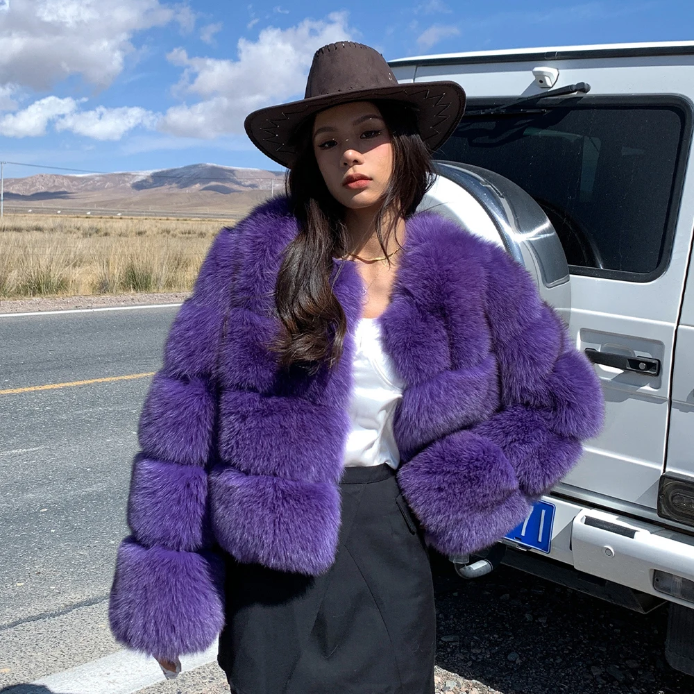 Fashion Short Purple Natural Fox Fur Jacket Women Winter Outwear High Quality Thick Warm Genuine Fox Fur Coats Female Overcoats