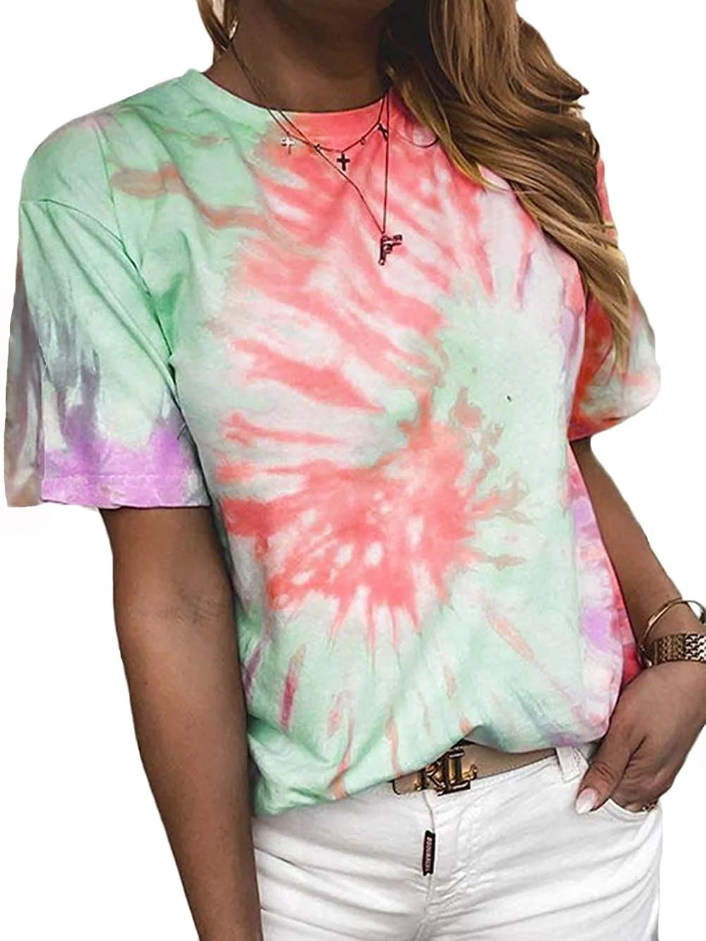 

2020 Summer New Tie-dye Plus Size T-shirt Colorful Printing Casual Polyester Round Neck Short Sleeve Loose Regular T-shirt