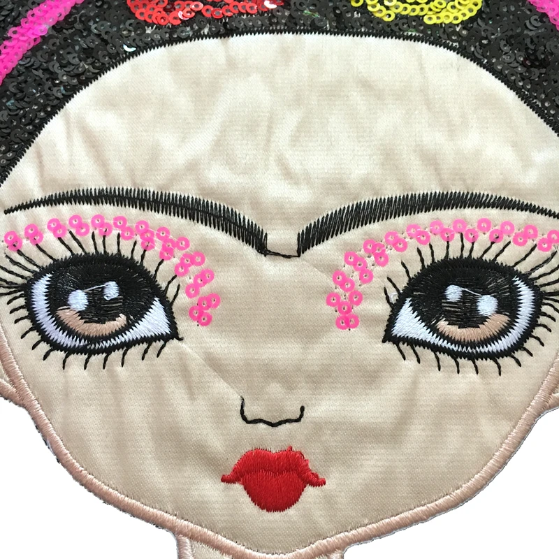 DZ New Arrival Frieda Artist Girl Sequined Iron on Patches for Clothes Floral Women Sequin Patches and Appliques DIY Decal