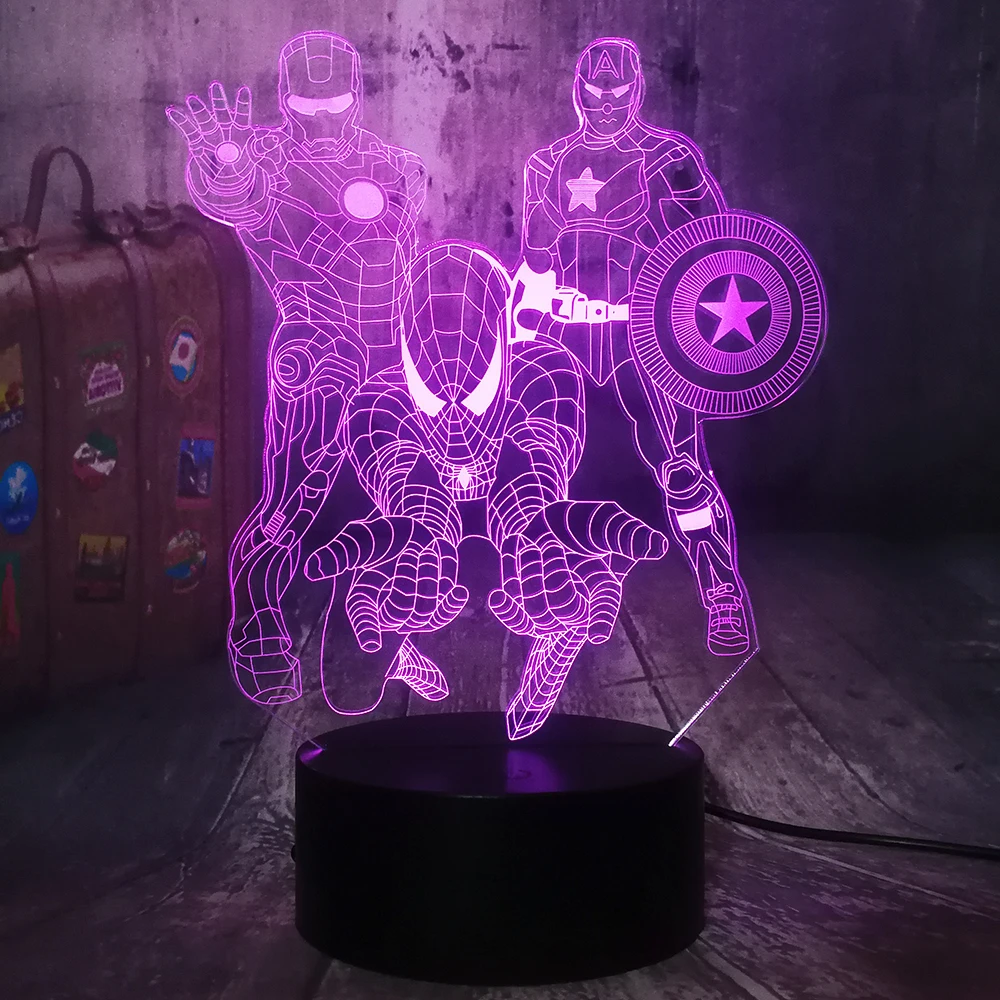 С рисунком «мстители» от Marvel Comics Железный человек Человек-паук Капитан Америка 3D светодиодный ночной Светильник детские игрушки Рождественский подарок настольная лампа Украшения в спальню