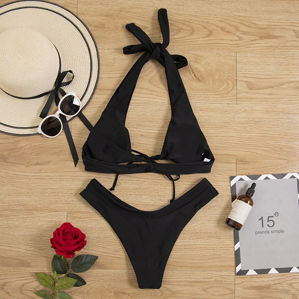 2020 Lady Bandeau High Waist Bikini Set Fashion Solid Beach Wear sexy swimwear women swimsuit Lace Up Bra thong Biquini monokini | Женская
