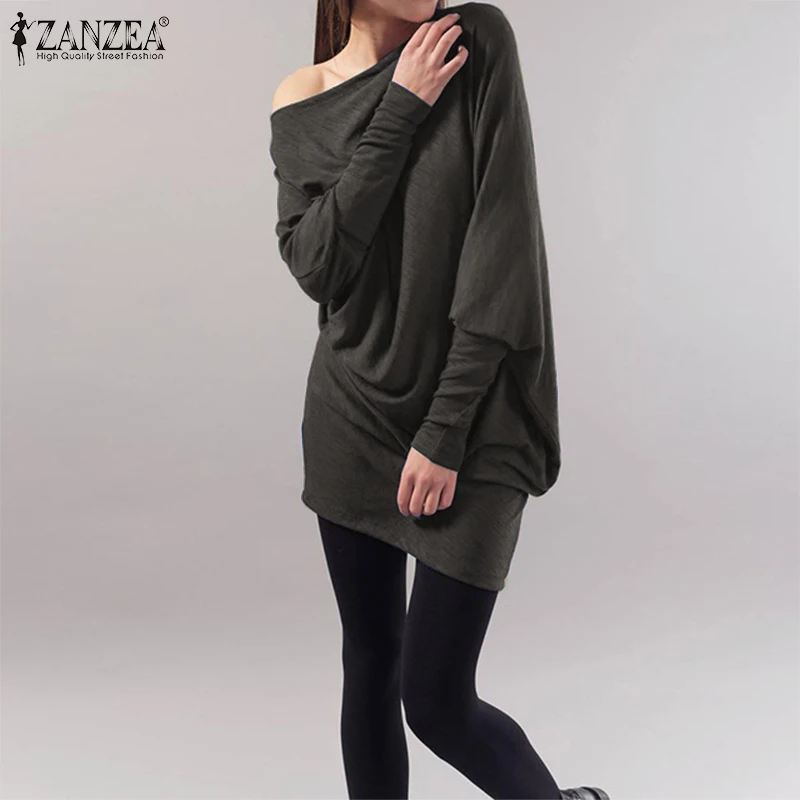 Женская блузка ZANZEA, Женская Сексуальная рубашка с открытыми плечами, повседневные свободные одноцветные топы с рукавами, туника, Blusas Femininas размера плюс