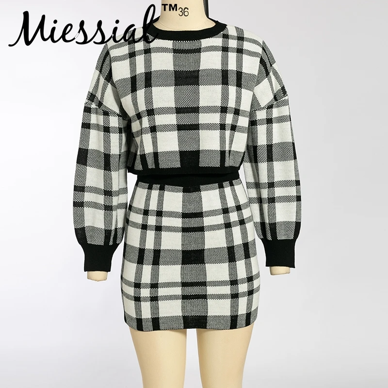 Miessial, вязанный клетчатый костюм из двух частей, платье-свитер, женское, Осеннее, элегантное, облегающее, мини-платье, зимнее, теплое, винтажное, вечерние, Клубное платье