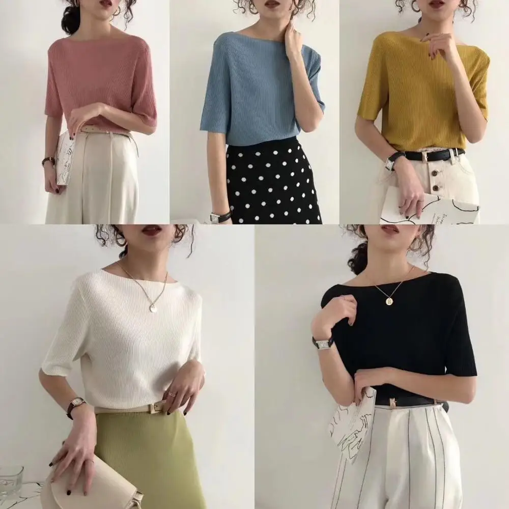 2021Summer Women Shirts Solid Slash Neck Casual Loose Ice Silk Sweater Female T-Shirt Half Sleeve Office Lady Tops | Женская одежда