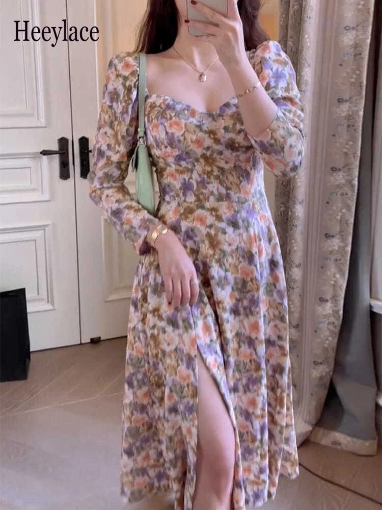 

Summer Beach France Style Women 2021 New Floral Print Boho Long Dress Female Casual Split Sexy Party Dresses Robe