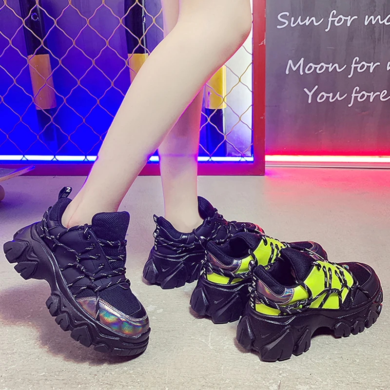 Dad кроссовки dames Baskets femme женские блестящие зеленые черные новые массивные на
