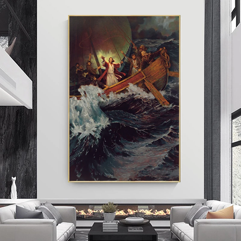 

Retro Jesus Christ God Canvas Painting Sea Boat Christian Poster and Prints Wall Art Pictures for Living Room Home Decor Cuadros