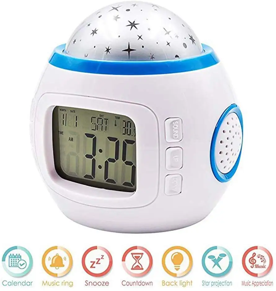 Kids Digital Alarm Clock Projection with Colorful Star Sky Music Led Calendar Thermometer Rotating Lamp Gift Backlight | Дом и сад
