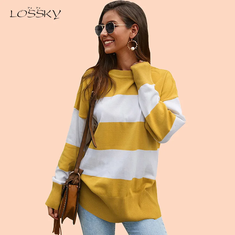 Lossky Женский вязаный пуловер свитер в полоску с длинным рукавом женский длинный