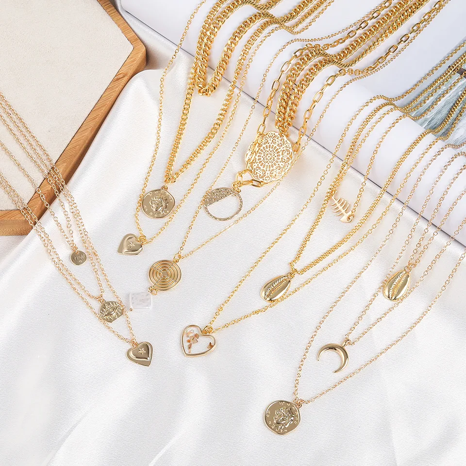

Fashion Simple Classic Men's and Women's Gold Alloy Ball Clavicle Chain Long Pendant Multi-Layer Necklace goth skeleton boho