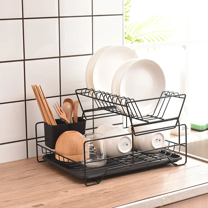 Dish Drying Rack,2-Tier Wrought iron Kitchen Dish Rack for Kitchen Counter Tableware Organizer Space Saver