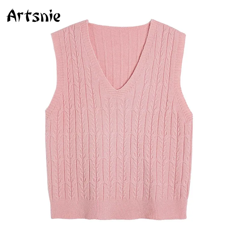 

Женский вязаный жилет Artsnie, повседневный розовый свитер без рукавов, с V-образным вырезом, весна 2021