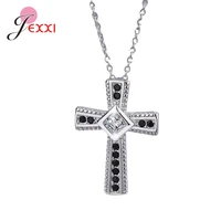 simple classic fashion black white big crystal cross 925 sterling silver pendant long chain necklaces jewelry for women men
