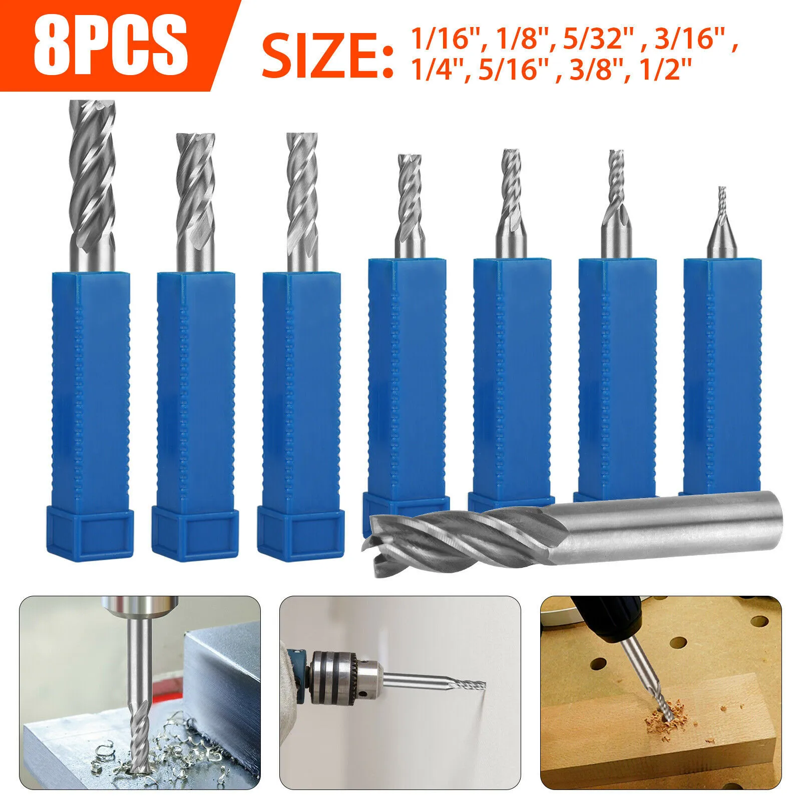 

Solid End Mill Tool 1/16-1/2 8Pcs CNC Carbide Cutter Drill Bit Drilling