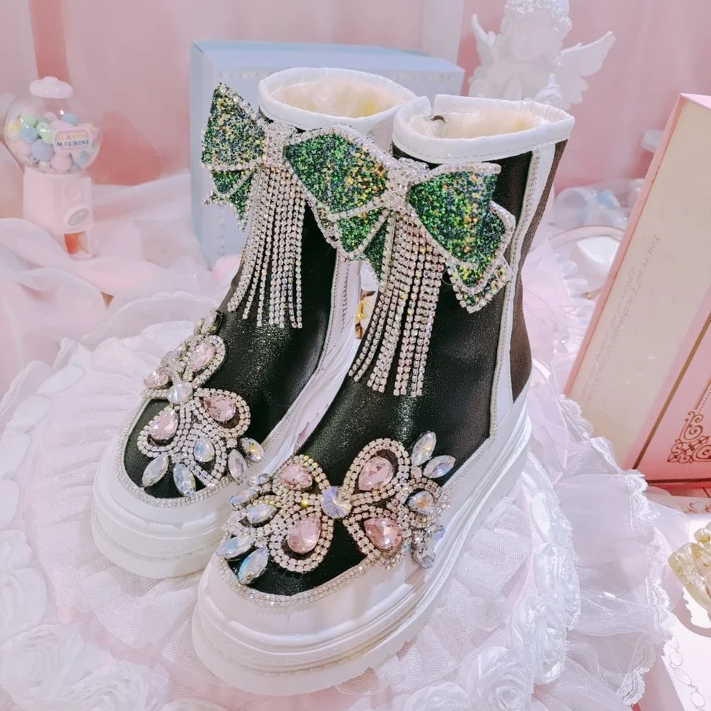 

Женские ботильоны с круглым носком, со стразами и кисточками, с бантом, на платформе «сделай сам», милая теплая зимняя обувь в стиле "Лолита", ...