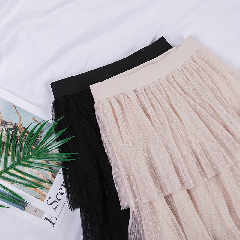 

2021 New Spring Summer Women Tulle Pleated Skirt Elegant High Waist Female Tutu Midi Skirt Black Ladies Casual Long Skirts
