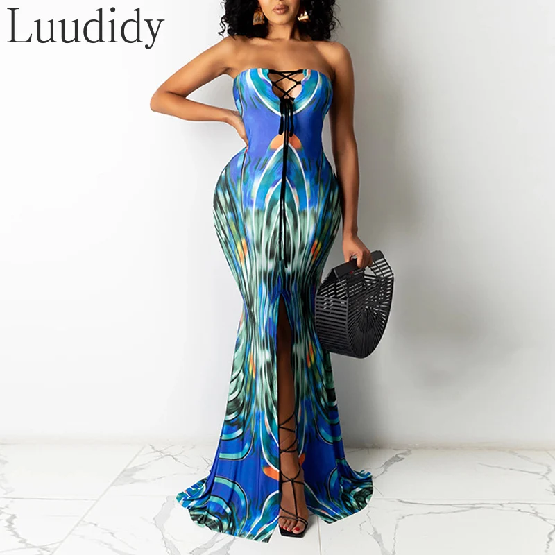 

Sexy Off Shoulder Slim Slit Print Maxi Dress Women Sleeveless Tie Detail High Waist Backless Mermaid Dress