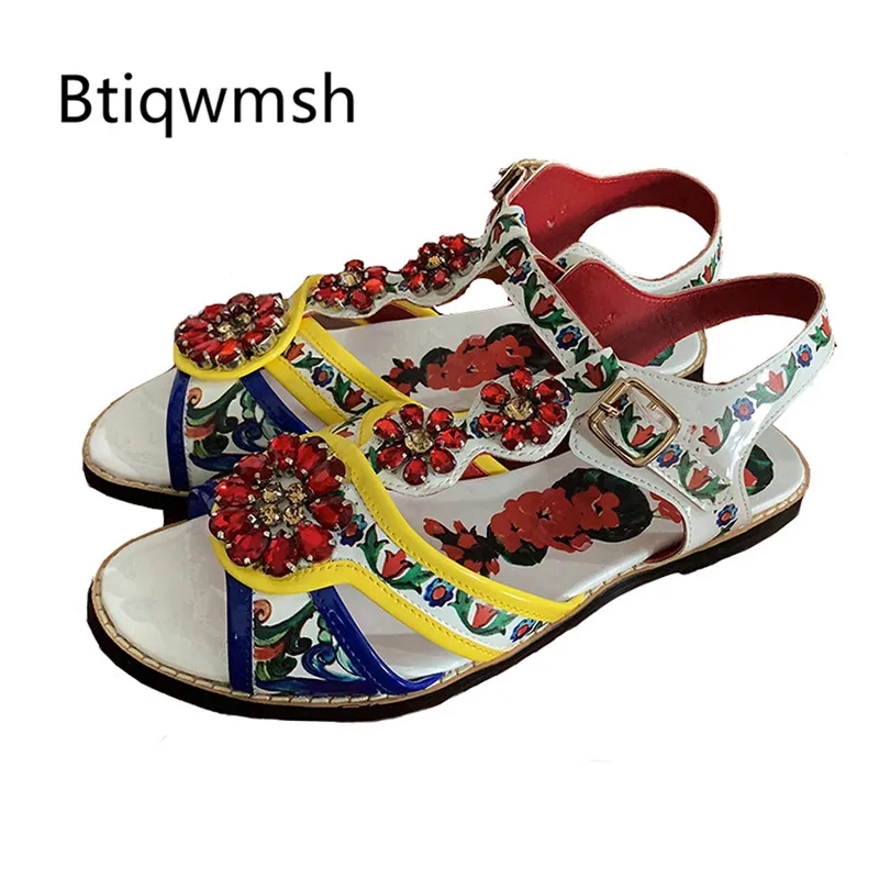 Женские сандалии со стразами с открытым носком разноцветная обувь на плоской