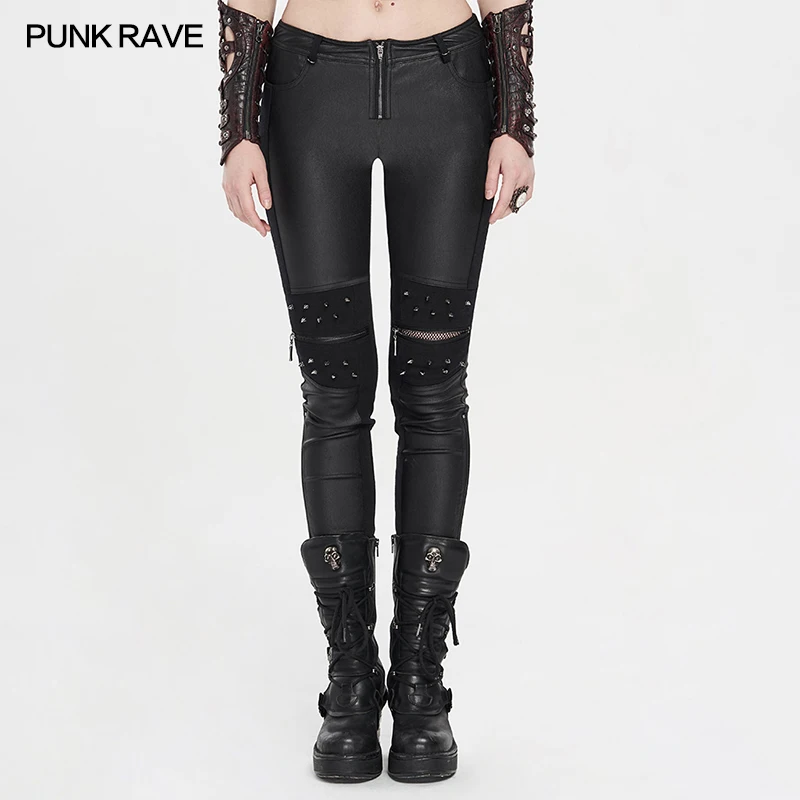 PUNK RAVE Women’s Handsome Tight PU Leather Trousers Casual Slim Pants Rock Rivet Mesh Splice for Female