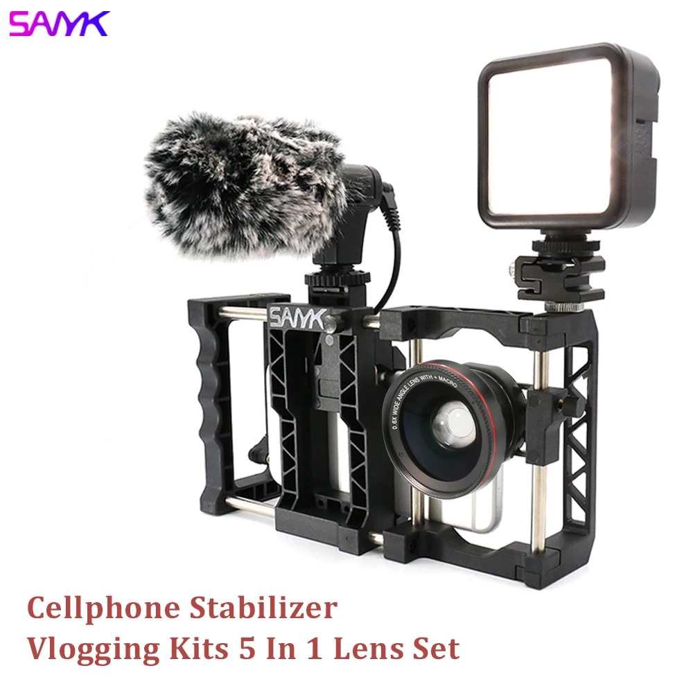 SANYK Stabilizer Phone Anti-shake Gimbal Vlogging Kit Microphone Led FillLight Lens Set Phone Cage Smartphone Rig for Livestream