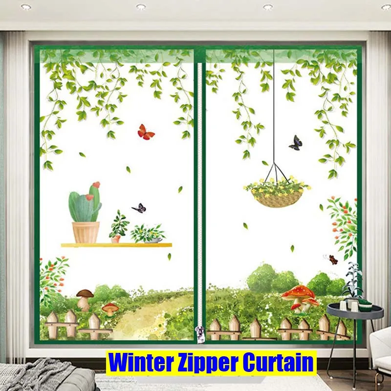 

Winter Window Zipper Curtain Printing Green Countryside Cartoon EVA Screen Children Bedroom Decor Windproof Warm Curtains