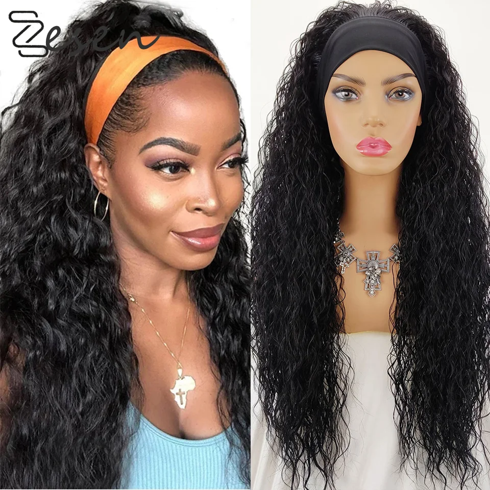 

Zesen Curly Headband Wigs For Black Women 26 Inch Human Synthetic Hair Wig 150% Ombre Afro Glueless Wig With Head band
