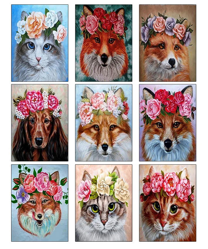 

5D DIY Diamond Painting Animals Wearing Garland Cat Dog Fox Full Square Round Diamond Embroidery Cross Stitch Crafts