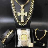 luxury men gold color watch necklace braclete ring earrings combo set ice out cuban jewery crystal miami hip hop for men