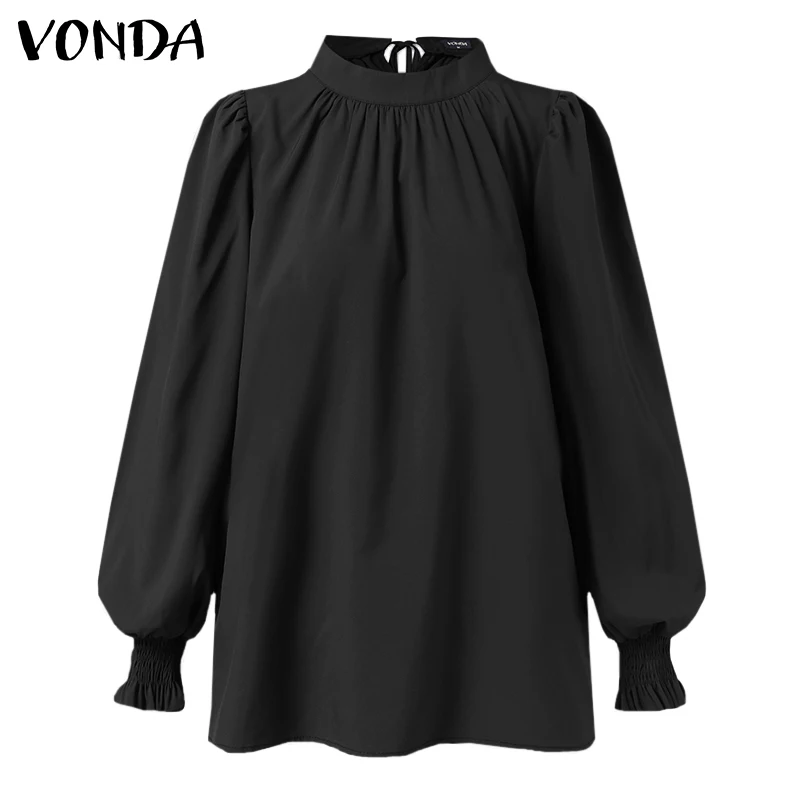 

Plus Size VONDA Women Blouse Casual Long Lantern Sleeve Crew Neck Solid Color Shirts Elegant OL Tops 2021 Chiffon Blouse Blusas