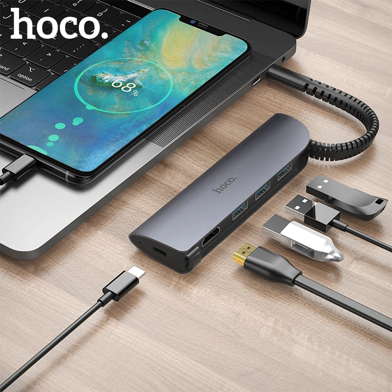 Док-станция HOCO 5 в 1 USB конвертер Type C к HDMI 3 0 PD концентратор адаптер для MacBook Pro iMac ПК