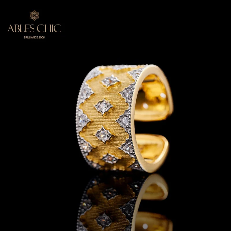

Solid 925 Silver Renaissance Tulle Element Wedding Ring 18K Gold Tone Royal Temperament Starry Wide Rings C11R1S26009