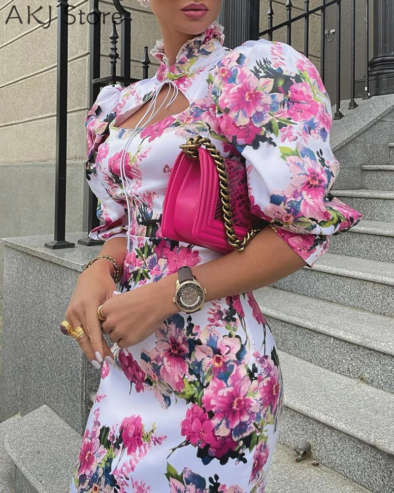 Женское платье с рукавами-фонариками и цветочным принтом | Женская одежда