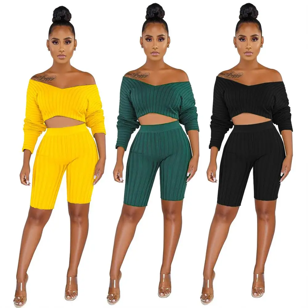Echoine Women Two peice Sets One-shoulder striped long-sleeved shorts two-piece suit | Женская одежда
