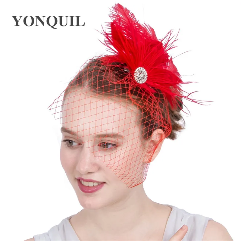 Модные Красные Свадебные шляпы с перьями вуалетки для невесты милые Стильные