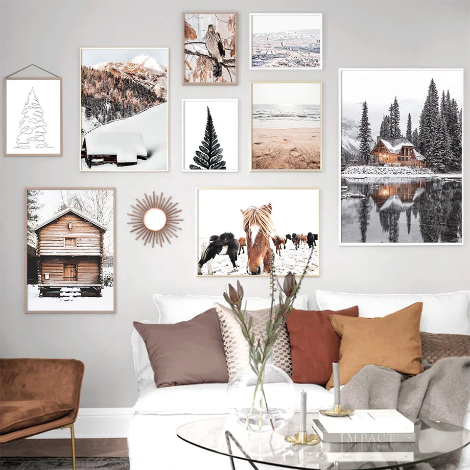 Снежный Горный Дом лошадь дерево настенная живопись холст скандинавские постеры
