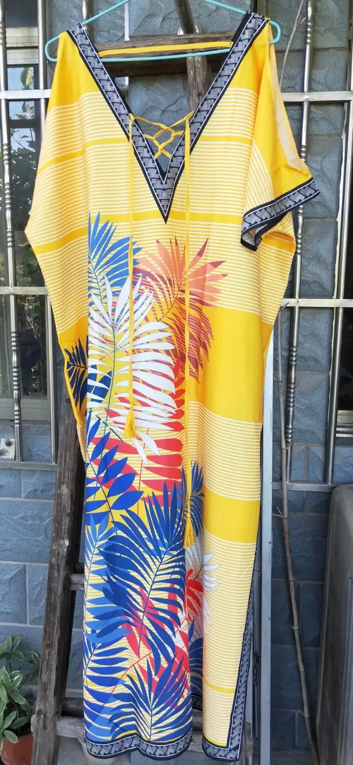 

Women Long Maxi Cover Ups Robe Sarong Bikini Swimsuit V-Neck Yellow Turkish Ethnic Print Kaftan Beach Swimsuit Holidday Dress