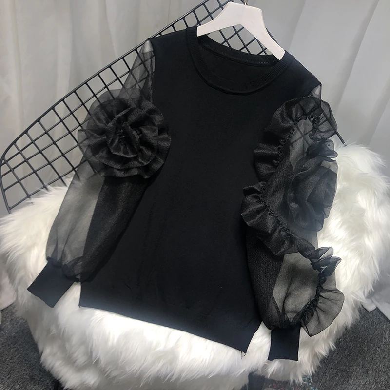 ALPHALMODA стерео цветок Oganza рукав трикотажная рубашка Женская свободная винтажная вязанная Топ стиль осень винтажный джемпер осень