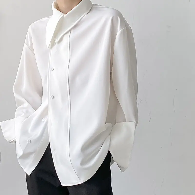 

DIMI New Niche Korean French Asymmetric Cool Shirt Men's Loose Big Size Black White Solid Color Long Sleeve Tops