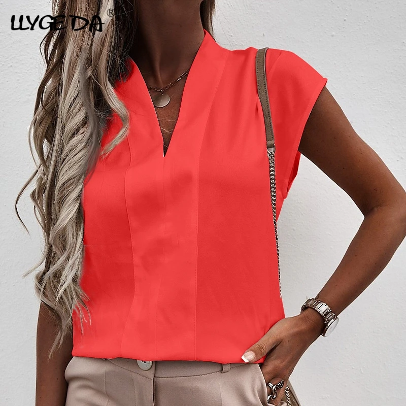 

Solid V-neck Women Blouse Sleeveless Women's Blouse 2021 Fashion Summer Fashion Straight Casual Female Tops S-3XL