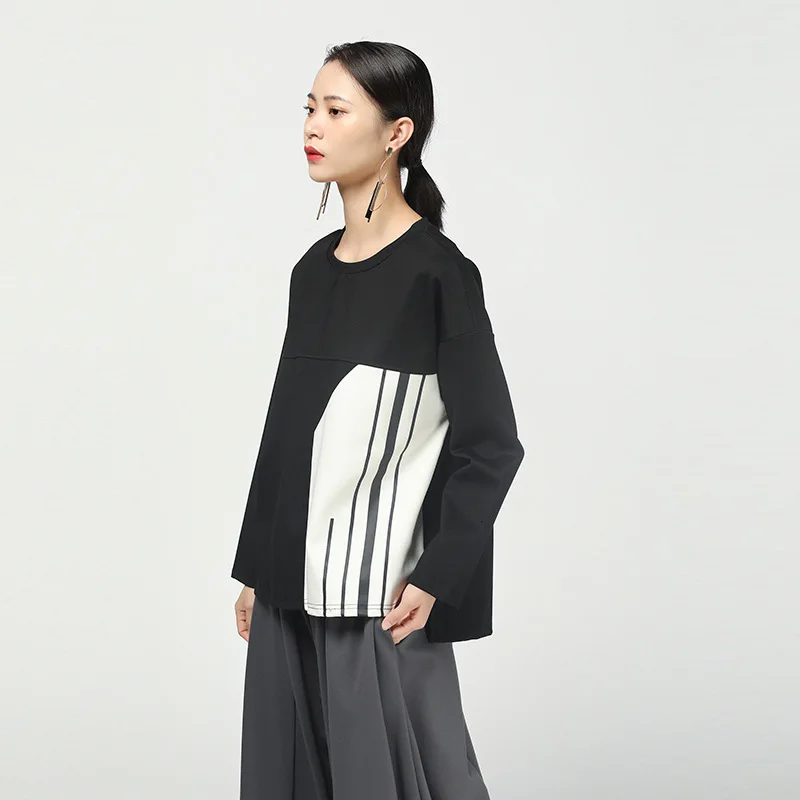 [EAM] Женская Асимметричная футболка с разрезом, большой размер, новинка, круглый вырез, длинный рукав, мода, весна-осень, 19A-a167
